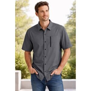Zella Mens Grey Short Sleeve Snap Button Shirt Performance Lightweight Size 2XL